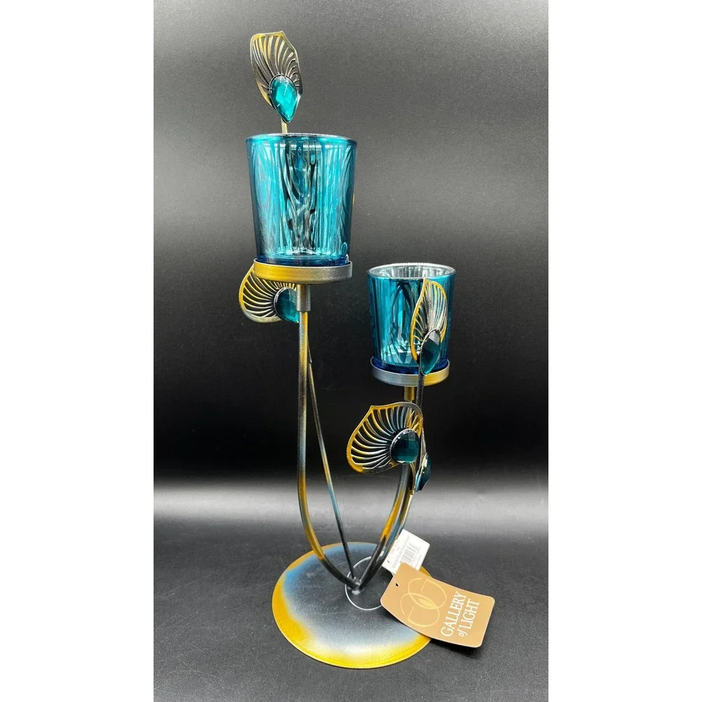 Gallery of Light Peacock Plume Metal Teal Glass Votive Candle Holder 10015949